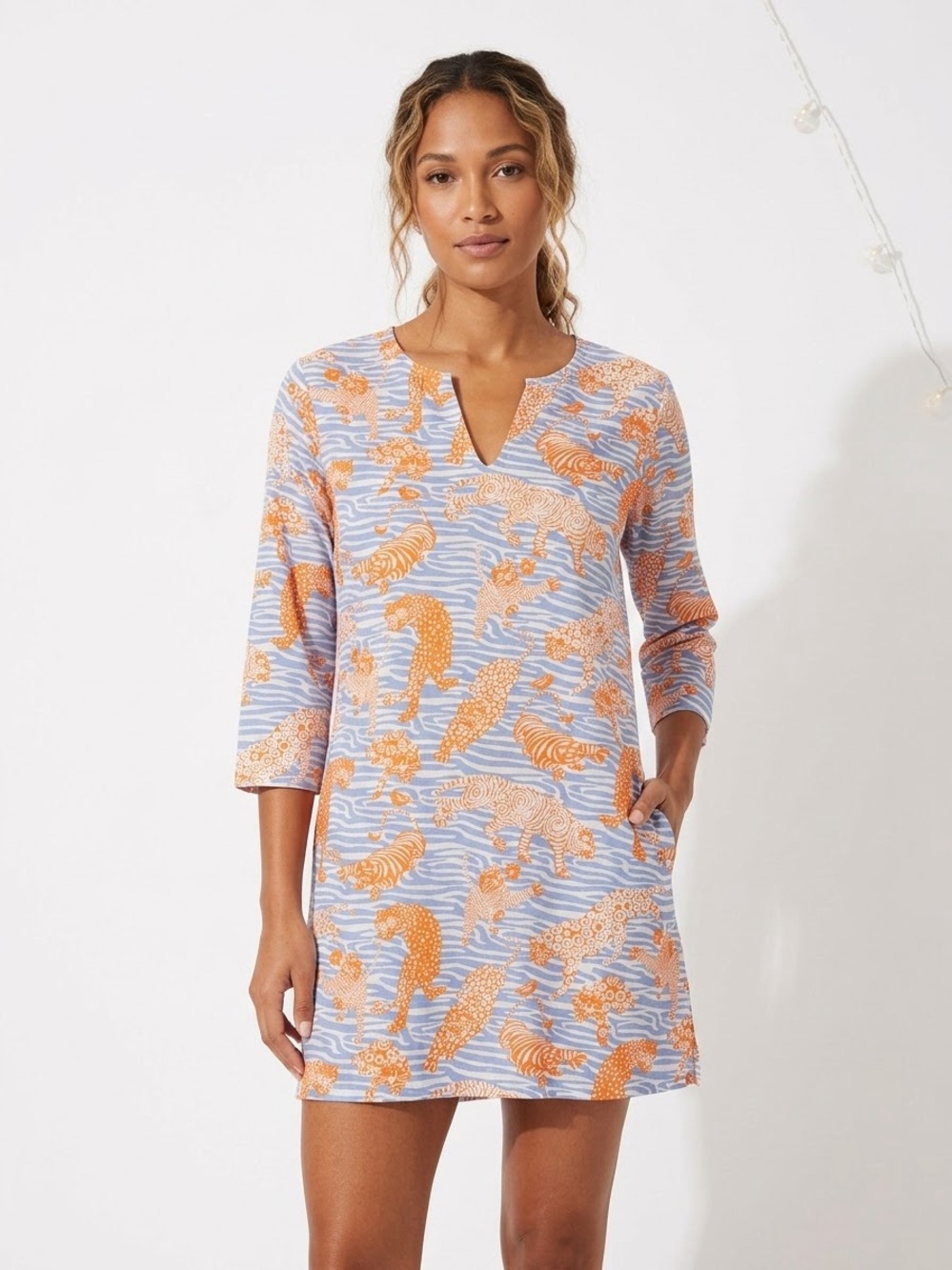Gretchen Scott Tiger Leopard Print Tunic Swim Cover-Up Cotton Blue Orange XS